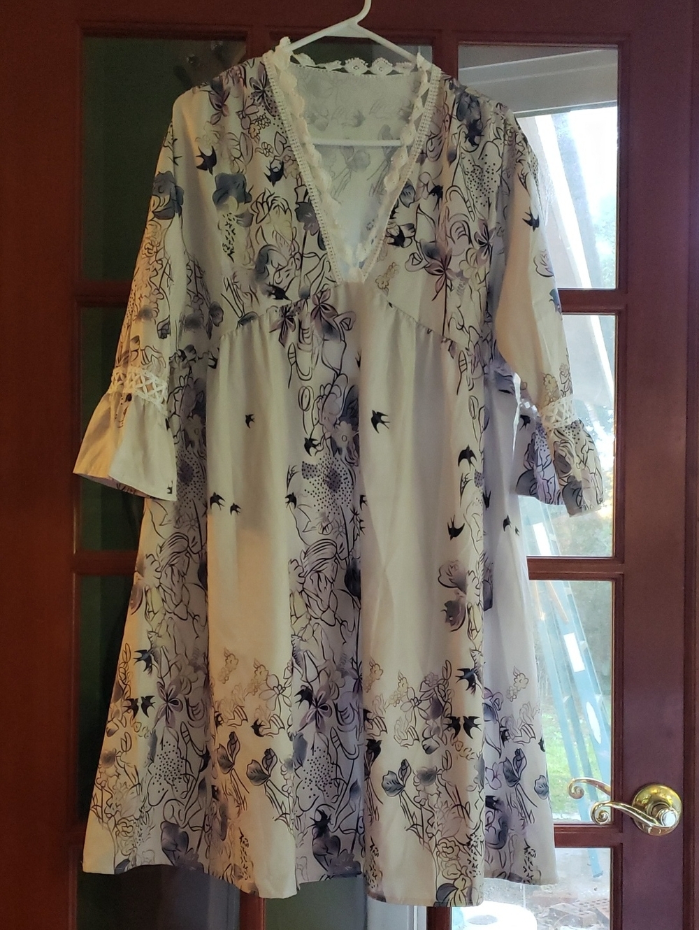 Light Floral V-Neck Tunic Dress in Cream and Navy